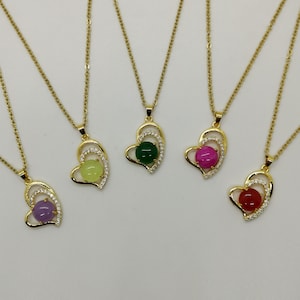 Genuine Small Multi Color Heart Jade Pendant Necklace Framed with White Zircon - 18 Inches Gold Chain - On Sale