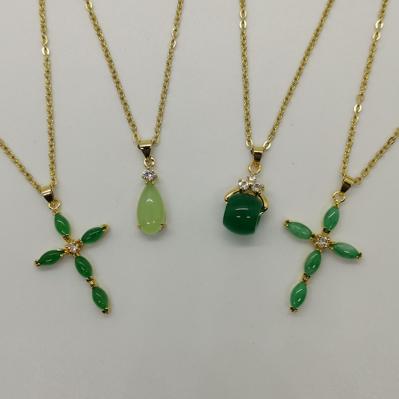 Genuine Green/Light Green Cross/Tear Drop/Bead Jade Pendant Necklace - 18 Inches Gold Chain - On Sale 