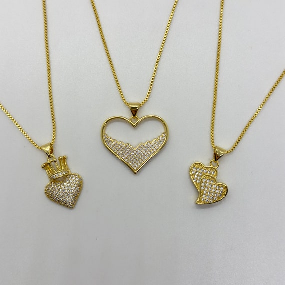 18K Gold Filled Multi Style Heart Necklace Framed With White 