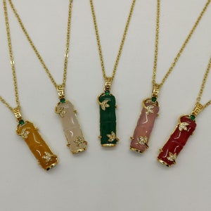 Natural Multi Color Rectangle Jade Pendant Necklace Framed with Green Emerald Zircon - 18 Inches Gold Chain - Premium Quality - On Sale