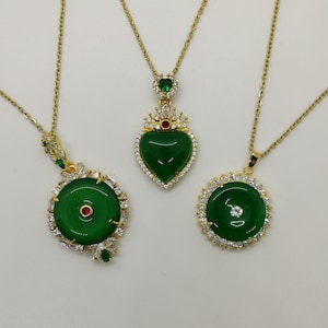 Genuine Jade Exotic Green Donut/Heart Jade Framed with White/Green Zircon Pendant Necklace - 18 Inches Gold Chain - Premium Quality