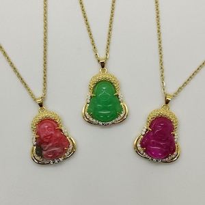 Genuine Medium Multi Color Buddha with White Zircon Jade Pendant Necklace - 18 Inches Gold Chain - Premium Quality