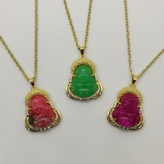 Genuine Medium Multi Color Buddha with White Zircon Jade Pendant Necklace - 18 Inches Gold Chain - Premium Quality