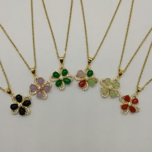 Genuine Multi Color Flower Framed with White Zircon Jade Pendant Necklace - 18 Inches Gold Chain - Premium Quality