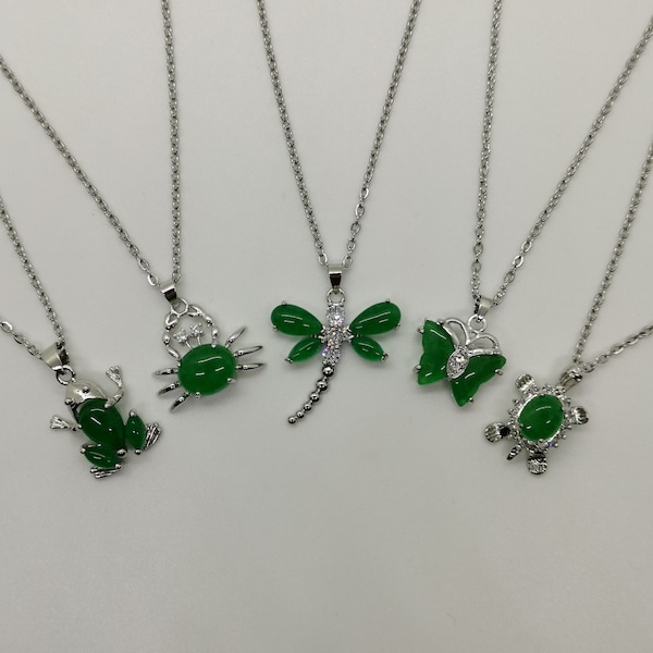 Genuine Green Frog/Crab/Dragonfly/Butterfly/Turtle Jade Pendant Necklace Plated with Silver Necklace - 18 Inches Silver Chain Necklace