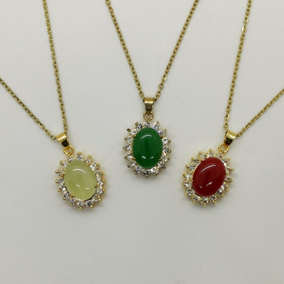 Genuine Multi Color Oval Shaped With White Zircon Jade Pendant 