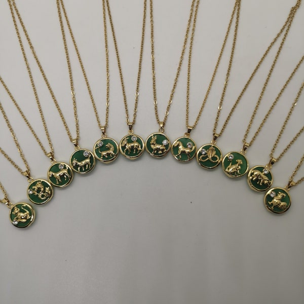 Genuine 12 Chinese Zodiac Sign Animals Jade Pendant Necklace - 18 Inches Gold Chain - On Sale