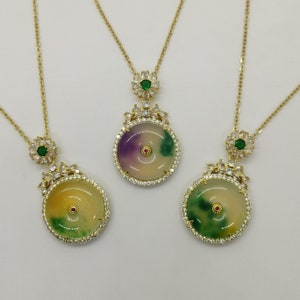 Natural Jade Large/Thick Tri Tone Color Donut Framed with White Zircon/Green Emerald - 18 Inches Gold Chain - Premium Quality - Rare Jade