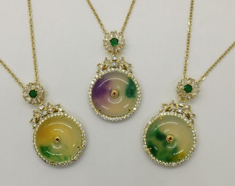 Natural Jade Large/Thick Tri Tone Color Donut Framed with White Zircon/Green Emerald - 18 Inches Gold Chain - Premium Quality - Rare Jade