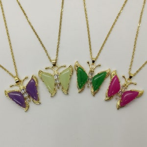 Genuine Large Multi Color Butterfly Jade Pendant Necklace Plated with 18k Gold Frame - 18 Inches Gold Chain - Premium Quality