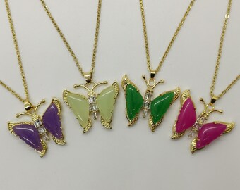 Genuine Large Multi Color Butterfly Jade Pendant Necklace Plated with 18k Gold Frame - 18 Inches Gold Chain - Premium Quality
