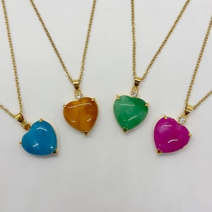 Genuine Multi Color Heart Shaped Jade Pendant Framed with White Zirconia  - 18 Inches Gold Chain - Premium Quality