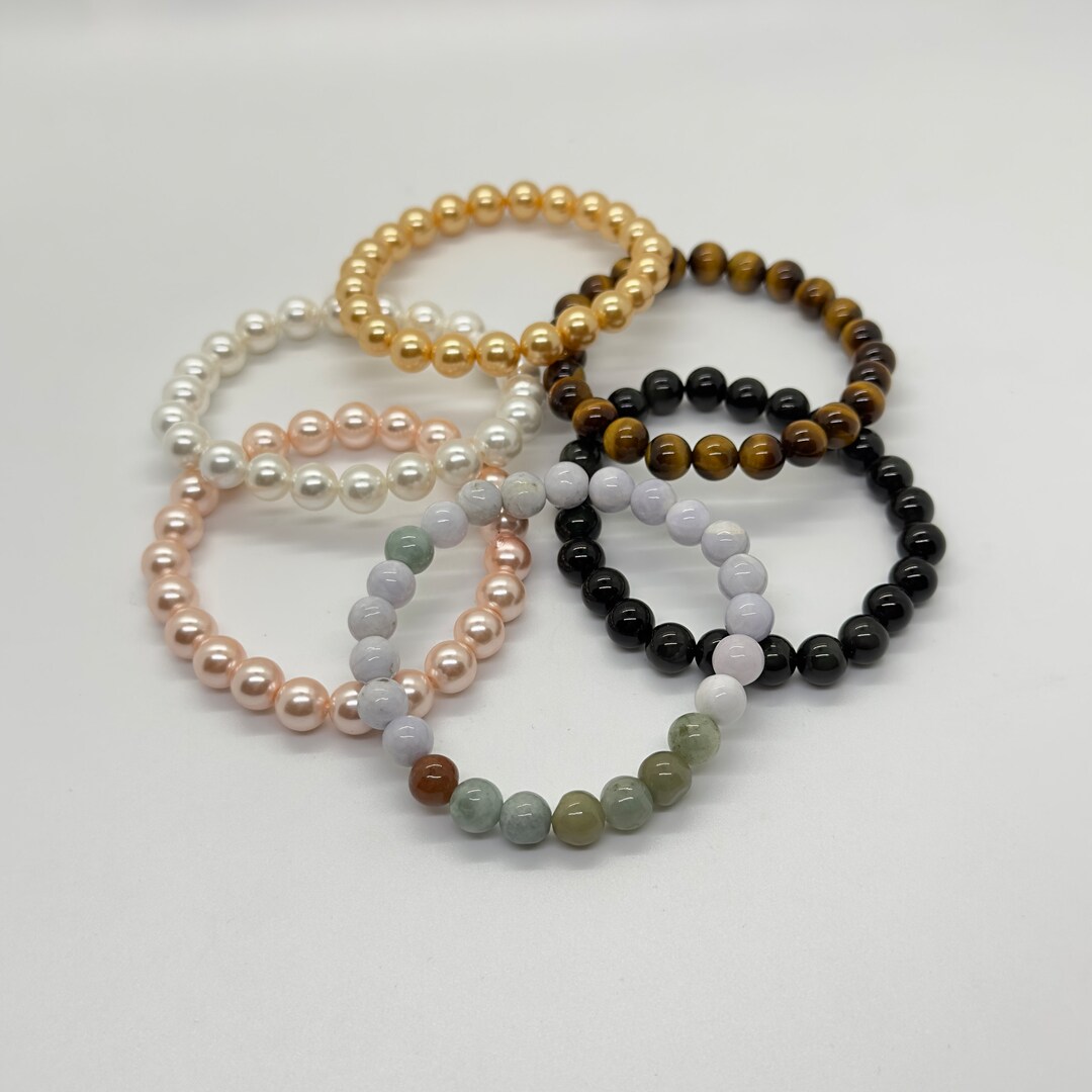 Natural Multi Jade/tiger Eye/black Obsidian/pearl Bead Bracelet 8mm