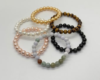 Natural Multi Jade/Tiger Eye/Black Obsidian/Pearl bead bracelet - 8mm bead - 6.5in length - Premium Quality