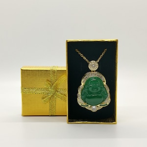Genuine Large Green Buddha Jade Pendant Necklace Framed with White Zircon Gold Plated with 24k Gold - 18 Inches Gold Chain - Premium Quality