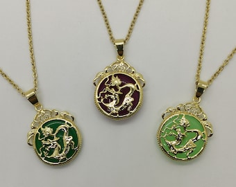 Genuine Multi Color Dragon Carved with Fu (Good Fortune) Donut Jade Pendant Necklace - 18 Inches Gold Chain - Premium Quality - On Sale
