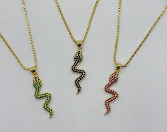 18k Gold Filled Multi Color Snake Pendant Necklace Framed Cubic Zirconia - 18 Inche Chain + 2 Inches Extension - Box Chain - Premium Quality