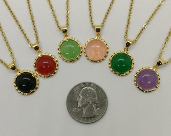 本物の小さなマルチカラーラブ翡翠ペンダントネックレス - 両面着用