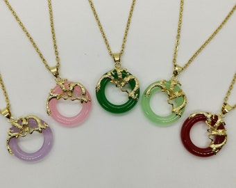 Genuine Multi Color Dragon Circle Jade Pendant Necklace Plated with 18k Dragon - 18 Inches Gold/Silver Chain