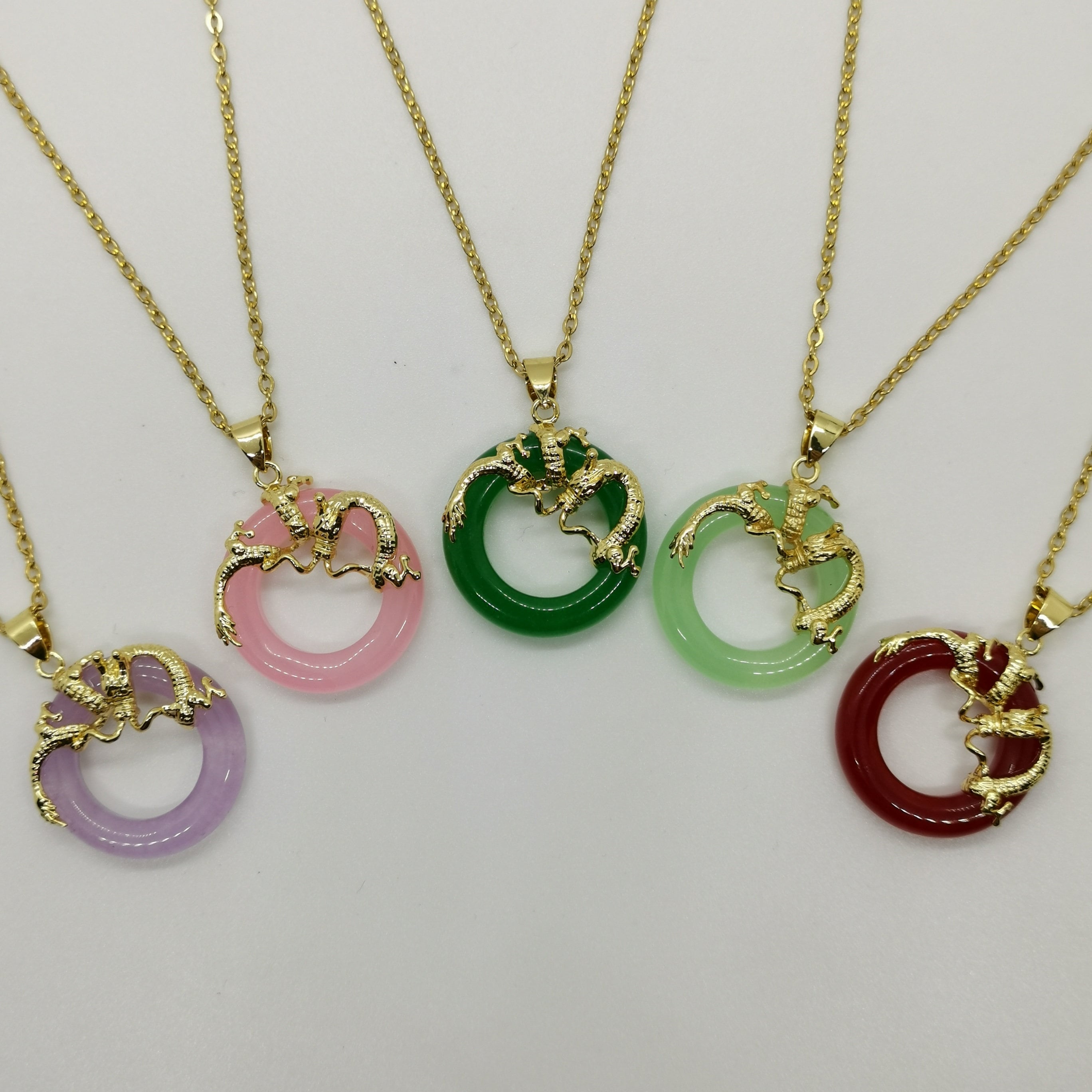 Genuine Multi Color Dragon Circle Jade Pendant Necklace Plated with 18k Dragon - 18 Inches Gold/Silver Chain