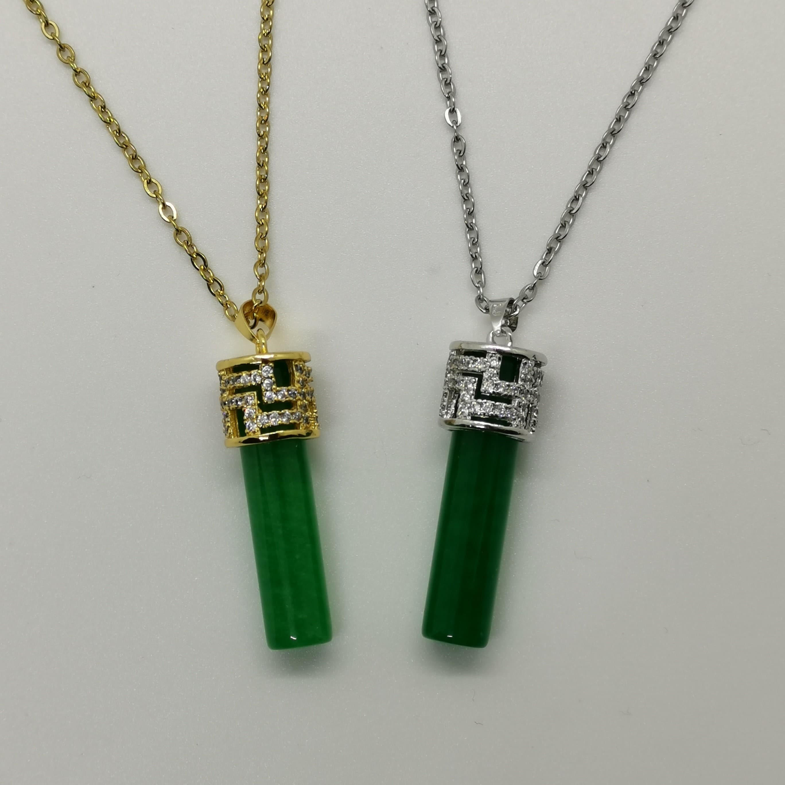 Genuine Green Cylinder Jade Pendant Necklace 18k Gold Plated 18