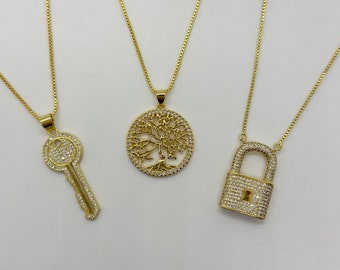 18K Gold Filled Key/Tree/Lock Necklace Framed with White Zirconia - 18 Inches Chain + 2 Inches Extension - Box Chain - Premium Quality