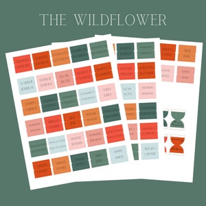 Könnte beinhalten: Ein Satz bunter Aufkleber mit den Namen der Bücher der Bibel. Die Aufkleber sind in einem Rastermuster auf weißem Hintergrund angeordnet. Die Aufkleber sind in verschiedenen Rot-, Orange-, Gelb-, Grün- und Blautönen gehalten.