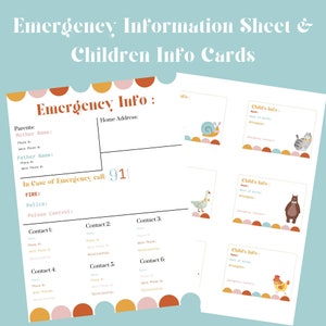 Folha de contato de emergência, documentação de creche, babá, página de contato de creche, cartões de informações infantis, creche, creche, babá