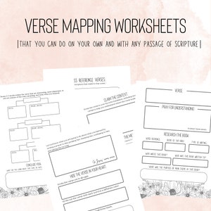 May include: Black and white printable worksheet with the title "Verse Mapping Worksheets" and the text "That you can do on your own and with any passage of scripture". The worksheet includes sections for "SS Reference Verses", "Claim the Context", "The Me", "Hide the Verse in Your Heart", "Verse", "Pray for Understanding", and "Research the Book".