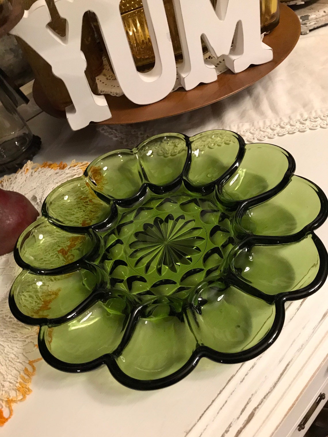 Deviled Egg Green Glass Platter Avocado Green Vintage Deviled Etsy