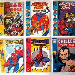 Puede incluir: Una colección de seis cómics vintage de la serie Marvel Digest. Los títulos incluyen "Star Heroes", "Fantastic Four", "Spider-Man" y "Chiller". Cada libro presenta ilustraciones coloridas y el logotipo "Marvel Digest Series". El precio es de 15p.