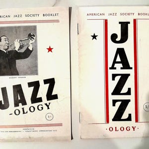Set of 2 Vintage 1940s Jazz-ology Booklets - American Jazz Society Rare Music Ephemera - Muggsy Spanier Leadbelly Count Basie Discographies