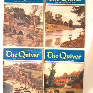 Puede incluir: Cuatro números antiguos de la revista "The Quiver", cada uno con una portada de paisaje diferente. Los títulos son en amarillo y azul, con los meses de julio, agosto, septiembre y octubre de 1951 visibles. Las portadas presentan puentes, ríos y vacas pastando.