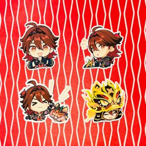 May include: Four anime-style stickers featuring a character with brown hair and red accents. The stickers show the character in different poses, including one with a golden mask and another with a small animal.