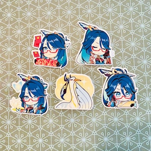 May include: Five stickers with anime-style illustrations. The stickers show a character with blue hair and red glasses in different poses. One sticker features a crane, while the others show the character holding various objects.