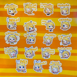 May include: A set of 16 colorful stickers featuring a cartoon character with different expressions and phrases. The stickers are on a yellow and white striped background. The phrases include "You're the best partner!", "I'm all smiles", "I was so moved!", "Hehehe", "Nice!", "Bringing cheer to everyone!", "Hey, not bad", "Thanks!", "Cheer up!", "See you!", "Sniffle", "I'm so sorry!", "Let's all have a great time!", "Yay!", "I just wanna sing!", "Let's do this!", "Hi!", "Huuuh?", and "Good for you!"