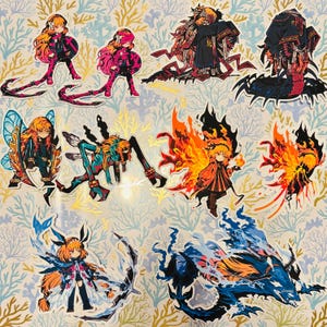 May include: A selection of vibrant stickers depicting anime-style characters in dynamic poses. The stickers showcase characters with fiery wings, insect-like features, and flowing hair, set against a patterned background.