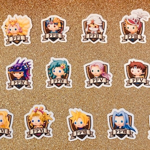 May include: A set of 15 stickers featuring characters from the Final Fantasy video game series. Each sticker is a cartoon-style illustration of a character from a different Final Fantasy game, with the game number displayed on a banner below the character. The stickers are on a gold glitter background.