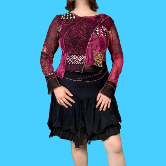 Y2K Cache Cache graphic mesh asymmetric burgundy … - image 4