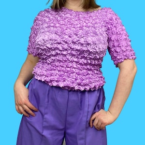 Y2K lilac purple popcorn scrunchie crinkle ruched top, Size Medium
