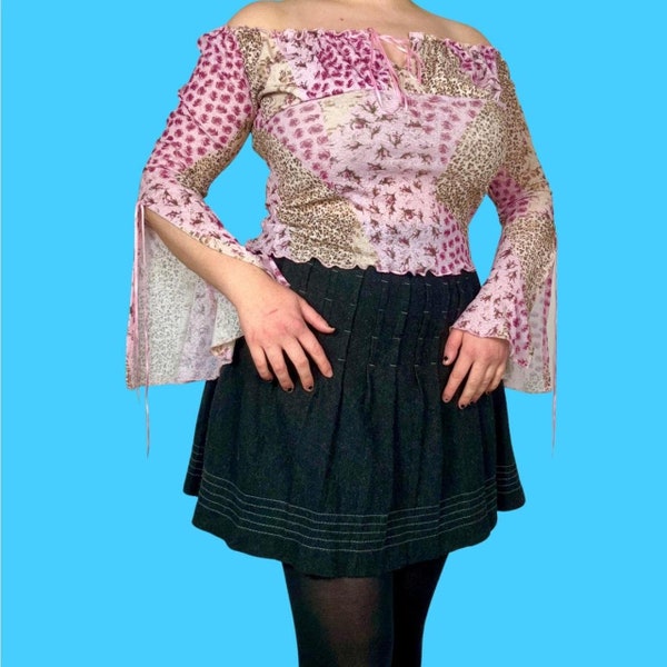 Y2K pink floral & leopard print off-the-shoulder top with bell sleeves