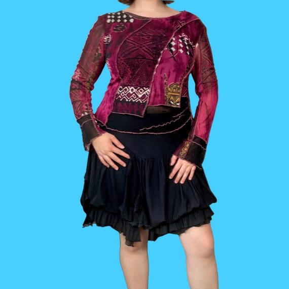 Y2K Cache Cache graphic mesh asymmetric burgundy … - image 3