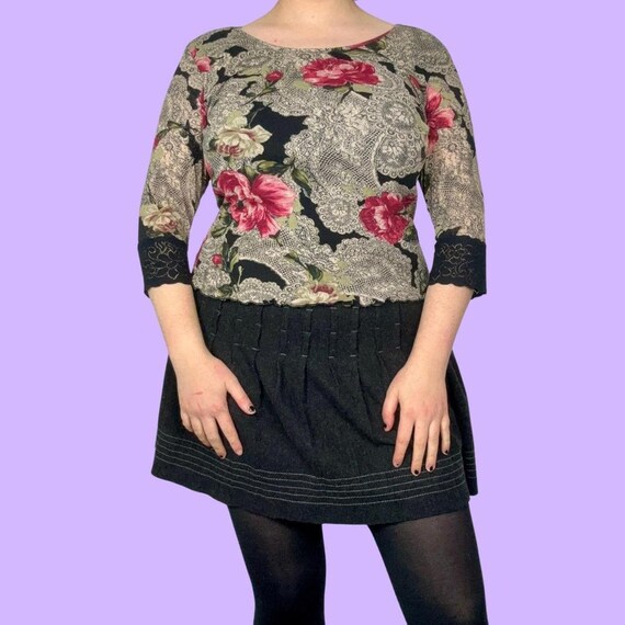 Y2K Jacqueline Riu Mesh Floral Grey & Pink Lace Design Top 