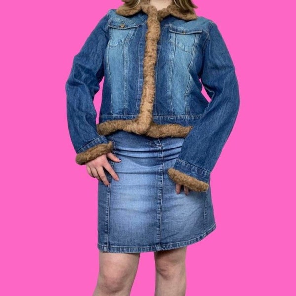 Y2K denim Afghan vintage denim cropped jacket with brown faux fur trim