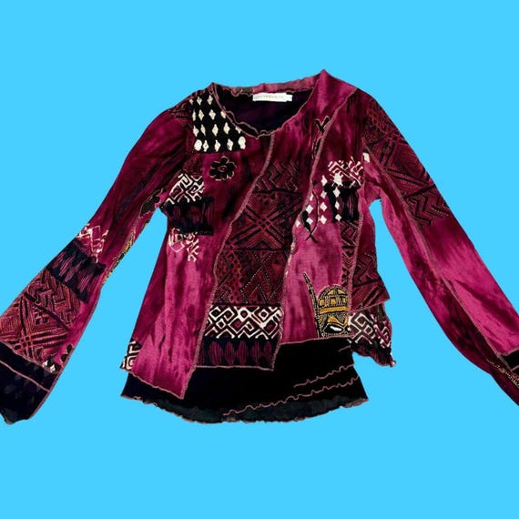 Y2K Cache Cache graphic mesh asymmetric burgundy … - image 6