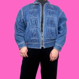 Vintage 1990s denim jacket with textured pleat detail & checked lining, Size Large