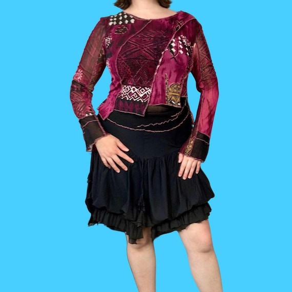 Y2K Cache Cache graphic mesh asymmetric burgundy … - image 1