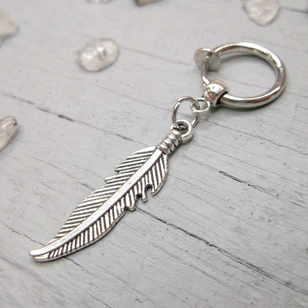 One clip-on earring, Feather earring, Feather dangle, Men earring, Silver feather, Symbol feather dangle Gift for him Crow feather men gift