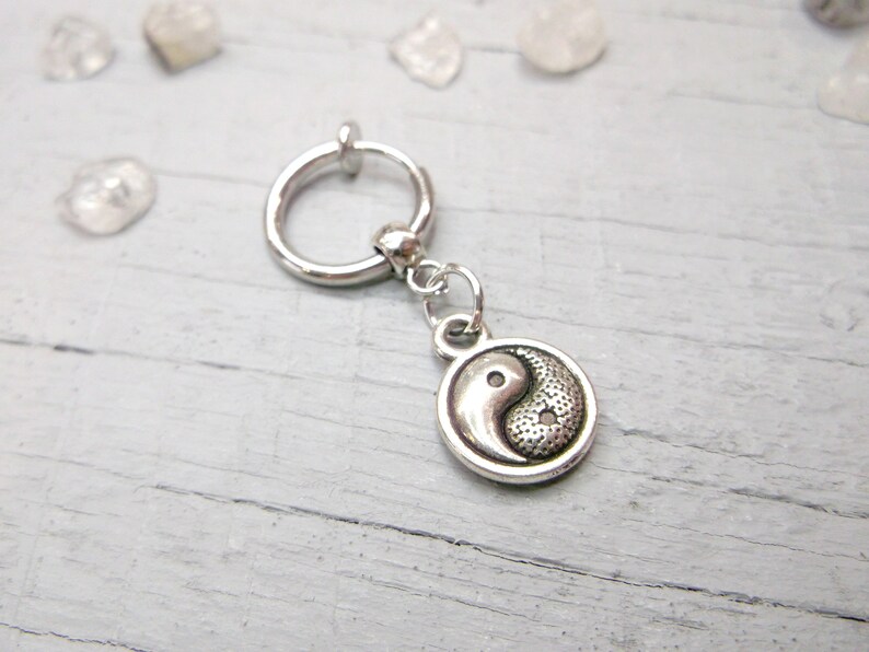 minimal earring small earring little earring symbolic earring one silver dangle gift for him One clip-on yin yang dangle mens earring