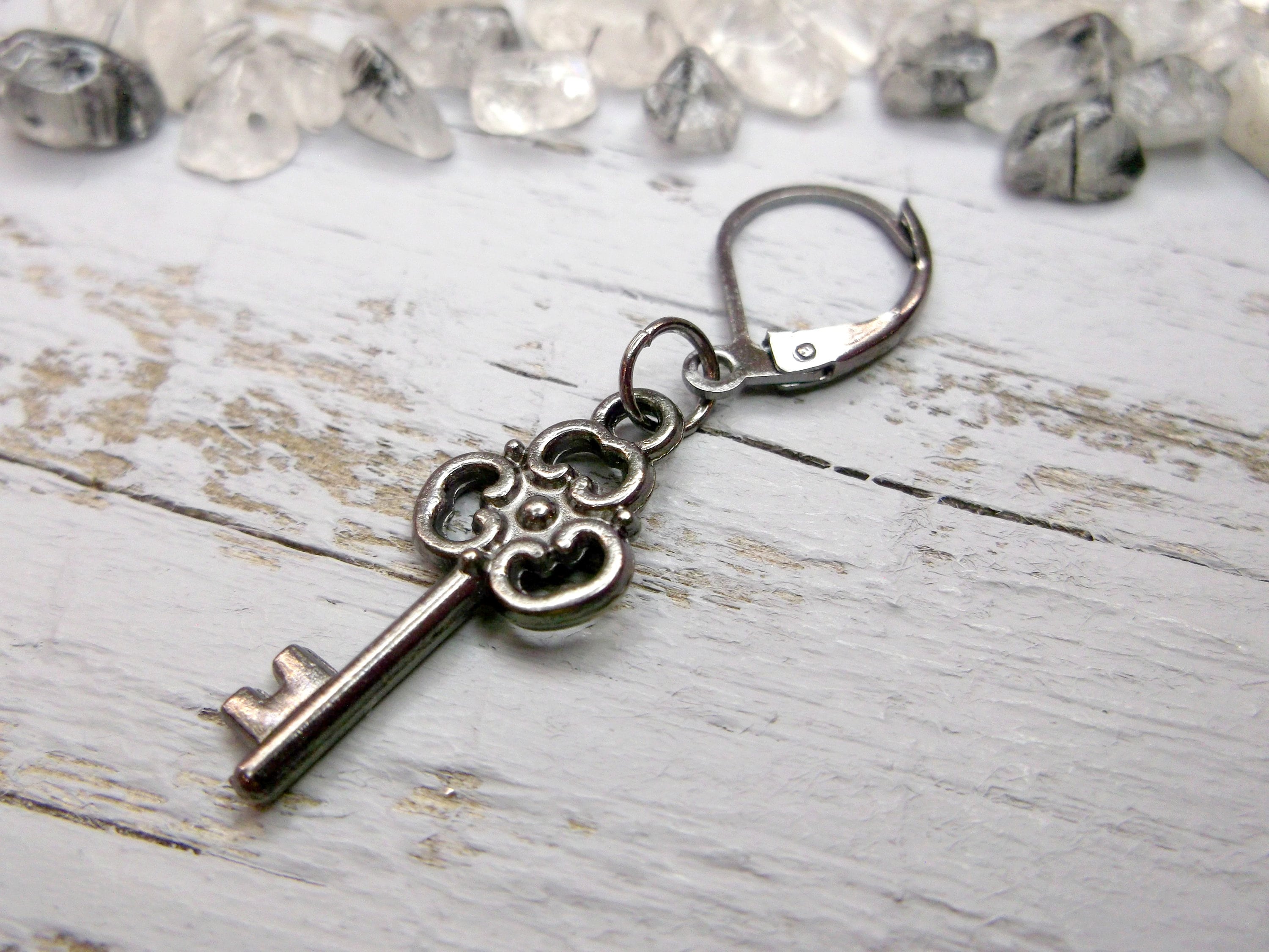 One Key Earring,gunmetal Key, Black Jewellery, Black Earring
